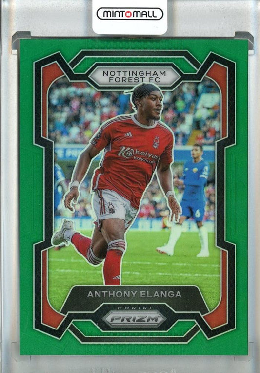 2023-24 Panini Prizm Premier League Soccer card featuring Anthony Elanga Green Prizms numbered 1 of 5 for Nottingham Forest FC