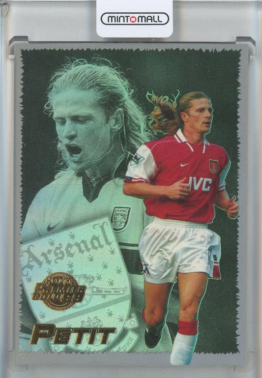 1998-99 Merlin Premier Gold England Emmanuel Petit Rainbow Foil card B7 with Arsenal branding