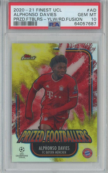 2020-21 Topps Finest UEFA Champions League Alphonso Davies Yellow Red Fusion trading card graded PSA10 with back stain