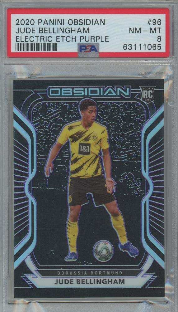2020-21 Panini Obsidian Jude Bellingham Electric Etch Purple collectible card graded PSA8 featuring Borussia Dortmund