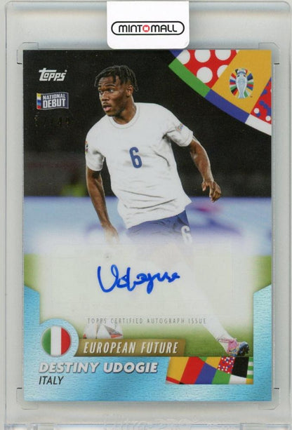 2024 Topps Platinum UEFA Euro Jose Mourinho Udogie Autograph Blue Parallel trading card number 32 of 49 from Italy