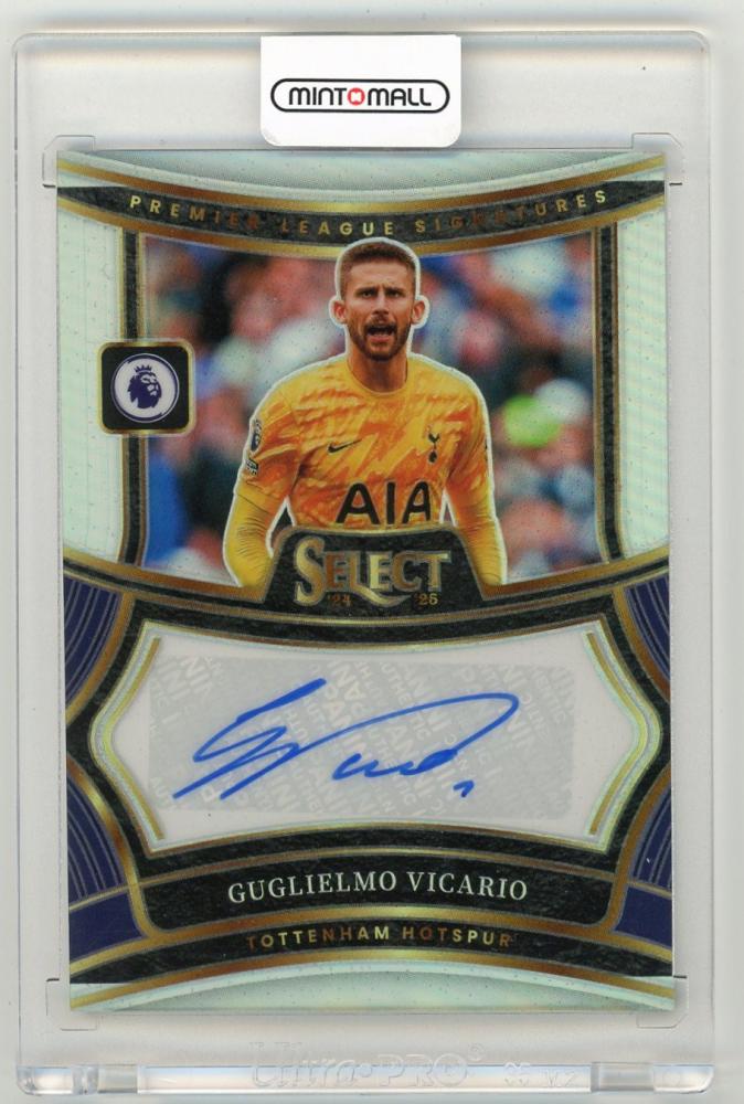 2024-25 Panini Select Premier League Guglielmo Vicario Signatures trading card featuring Tottenham Hotspur goalkeeper