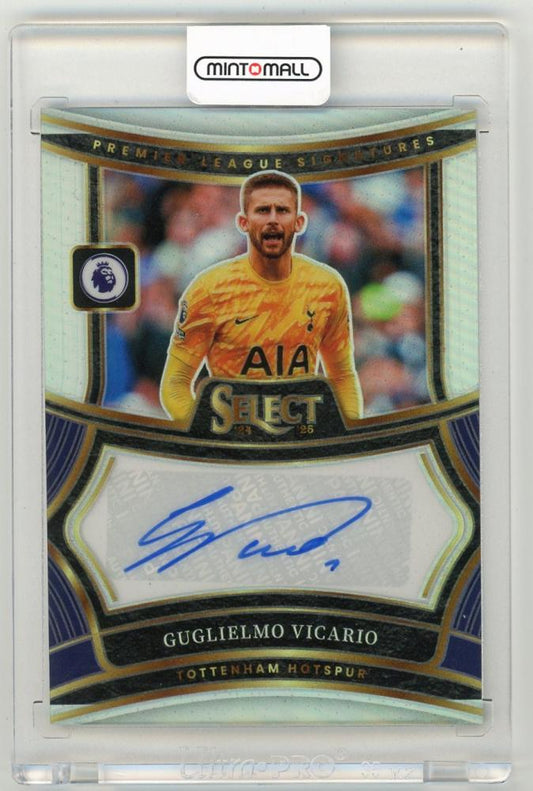 2024-25 Panini Select Premier League Guglielmo Vicario Signatures trading card featuring Tottenham Hotspur goalkeeper