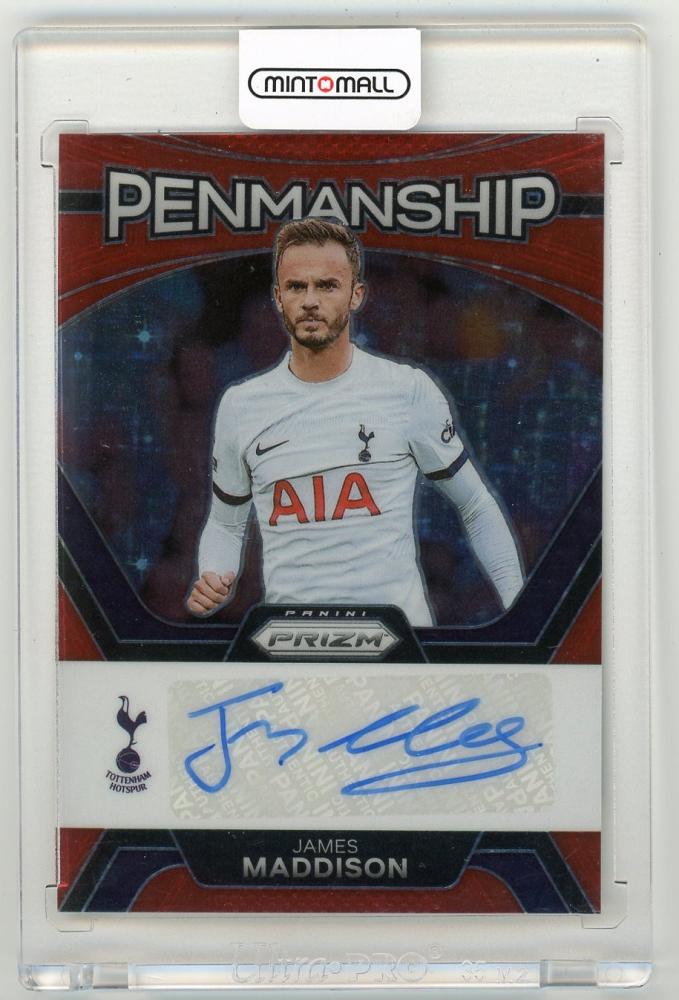 2023-24 Panini Prizm Premier League James Maddison Penmanship Red Stars Prizms Parallel card featuring Tottenham Hotspur