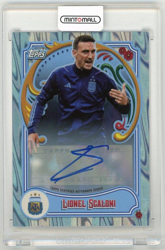 2023 Topps Argentina Fileteado Lionel Scaloni First Team Autographs Sky Blue and White Tango Parallel baseball card