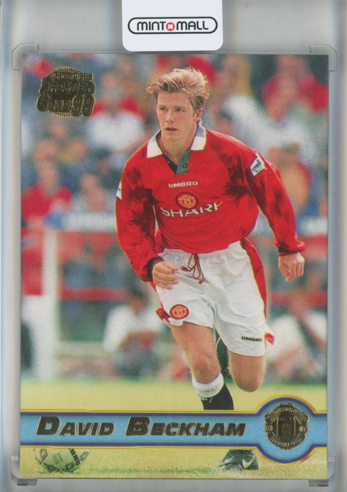 1997-98 Merlin Premier Gold collectible card featuring David Beckham #109 from Manchester United England