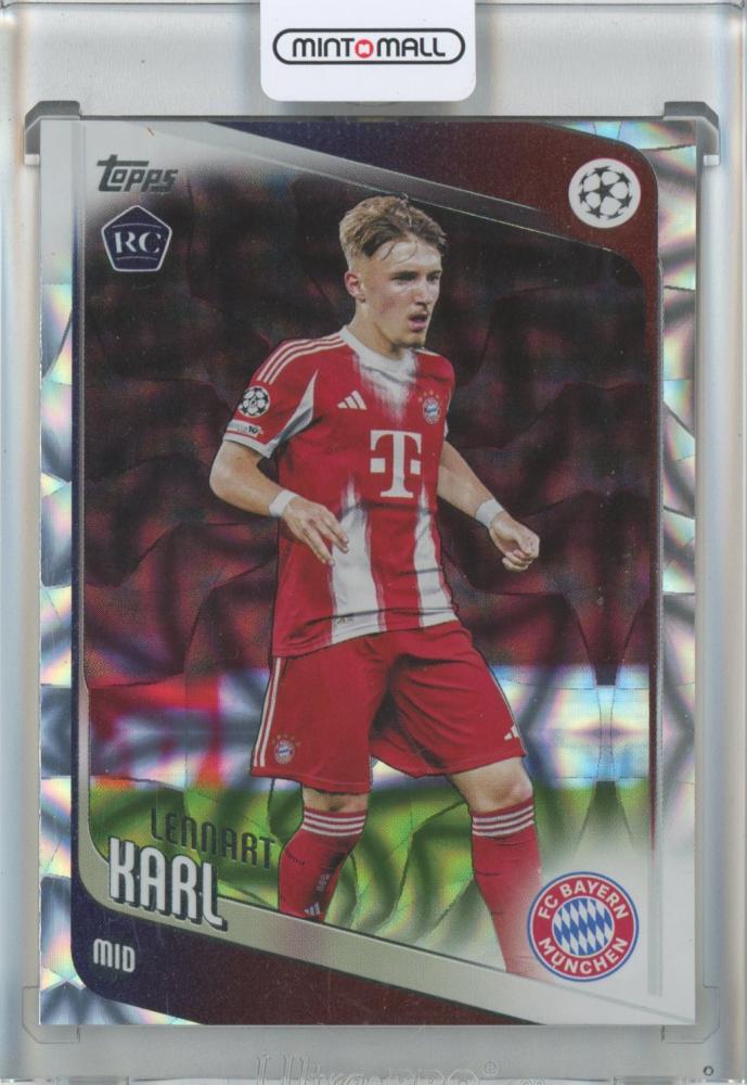2025-26 Topps UEFA Club Competitions Lennart Karl RC Diamante #187 trading card featuring FC Bayern Munich
