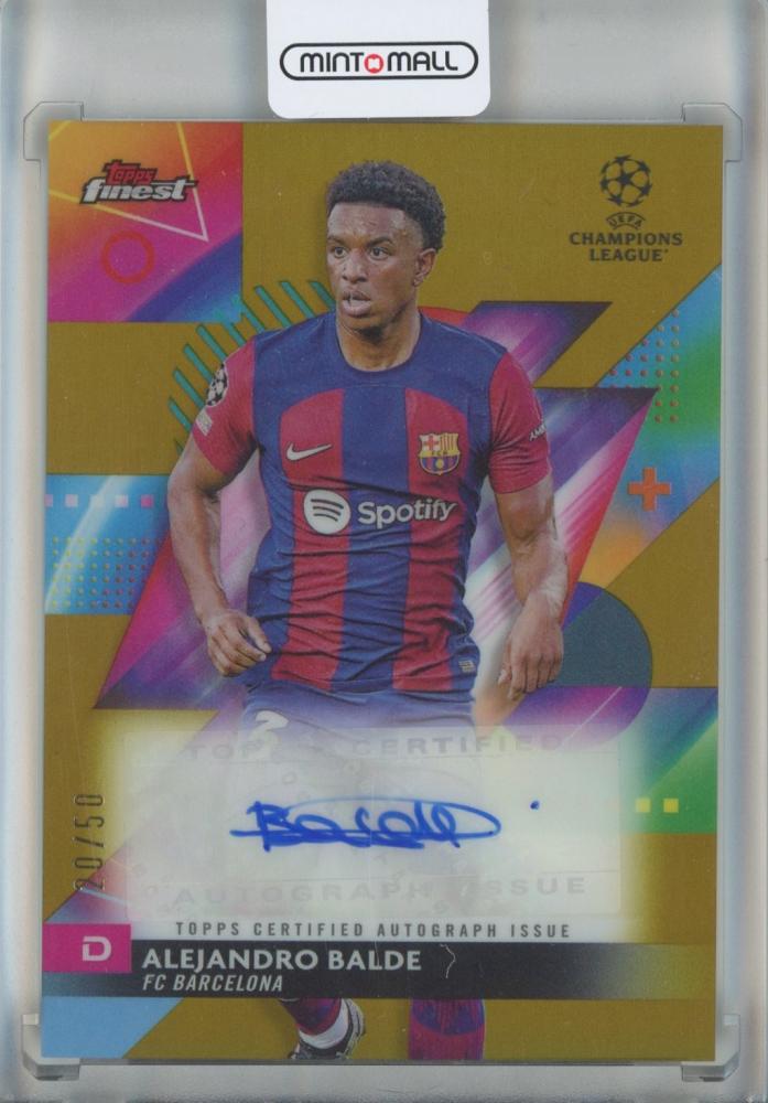 2023-24 Topps Finest UEFA Alejandro Balde Gold Refractor card serial #A-AN20/50 from FC Barcelona