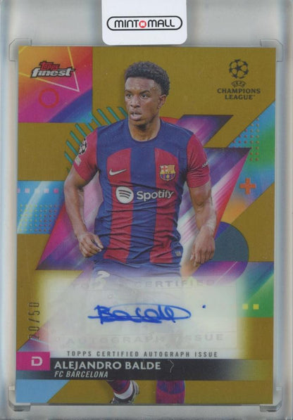 2023-24 Topps Finest UEFA Alejandro Balde Gold Refractor card serial #A-AN20/50 from FC Barcelona