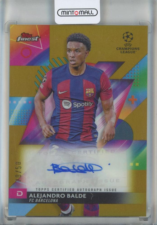 2023-24 Topps Finest UEFA Alejandro Balde Gold Refractor card serial #A-AN20/50 from FC Barcelona