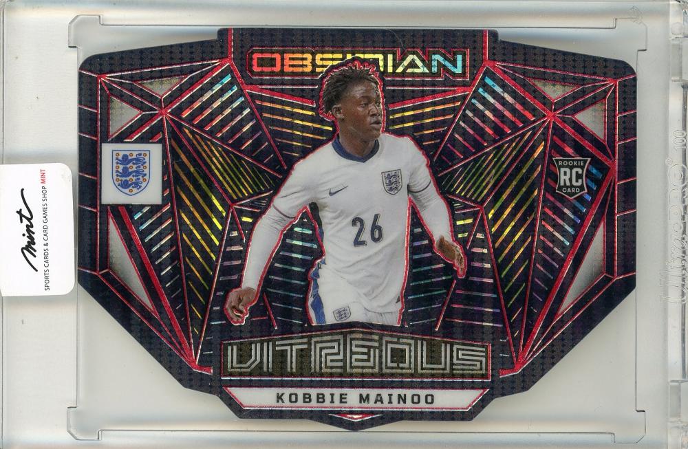 2023-24 Panini Obsidian Soccer card featuring Kobbie Mainoo RC numbered 57 of 75 in excellent condition