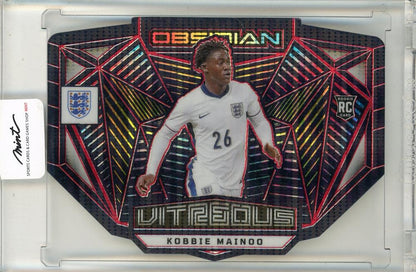 2023-24 Panini Obsidian Soccer card featuring Kobbie Mainoo RC numbered 57 of 75 in excellent condition