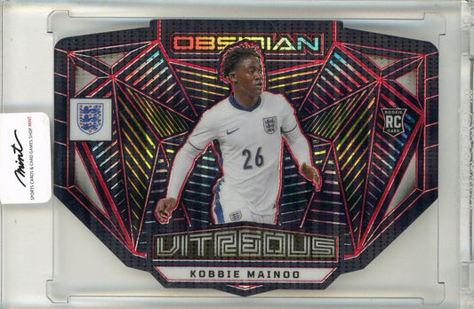 2023-24 Panini Obsidian Soccer card featuring Kobbie Mainoo RC numbered 57 of 75 in excellent condition