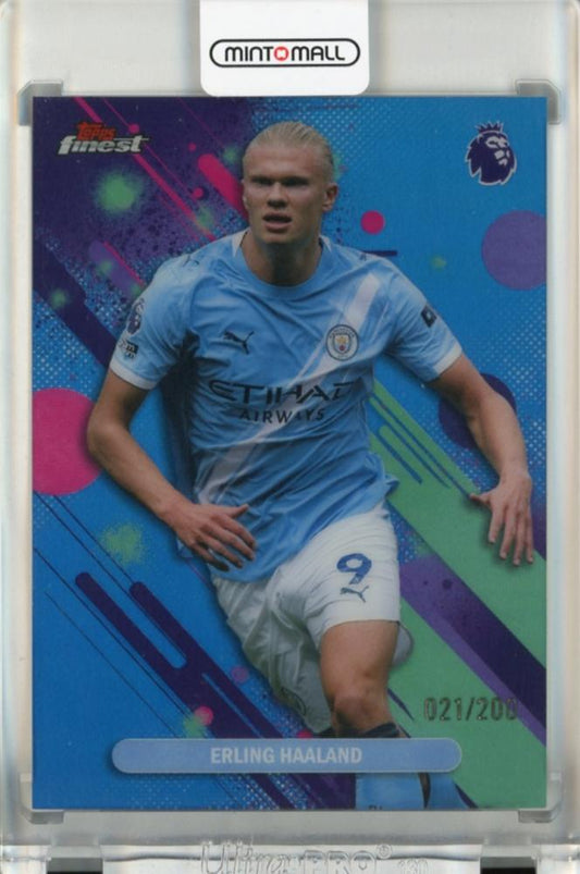 2025-26 Topps Finest Premier League Erling Haaland Common Blue Refractors card #61021/200 in excellent condition