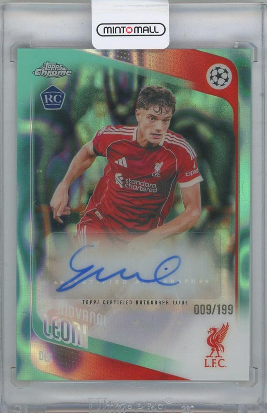 2025-26 TOPPS Chrome UEFA Club Competitions Autographs Aqua Lava Refractors Giovanni Leoni Liverpool FC card 009/199