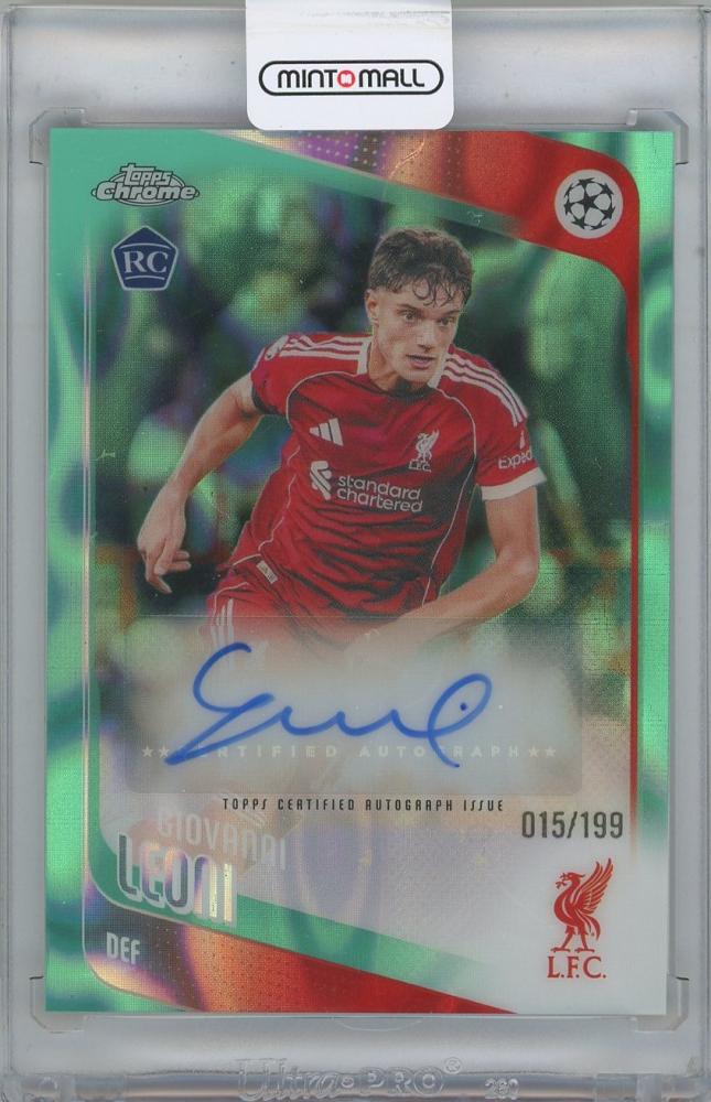 2025-26 Topps Chrome UEFA Club Competitions Autographs Aqua Lava Refractor card of Giovanni Leoni Liverpool FC serial 015/199