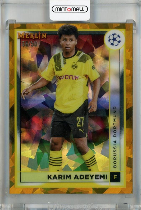 2022-23 Topps Merlin Chrome UEFA Club Competitions Karim Adeyemi Gold Atomic card #32 Borussia Dortmund dirt mark