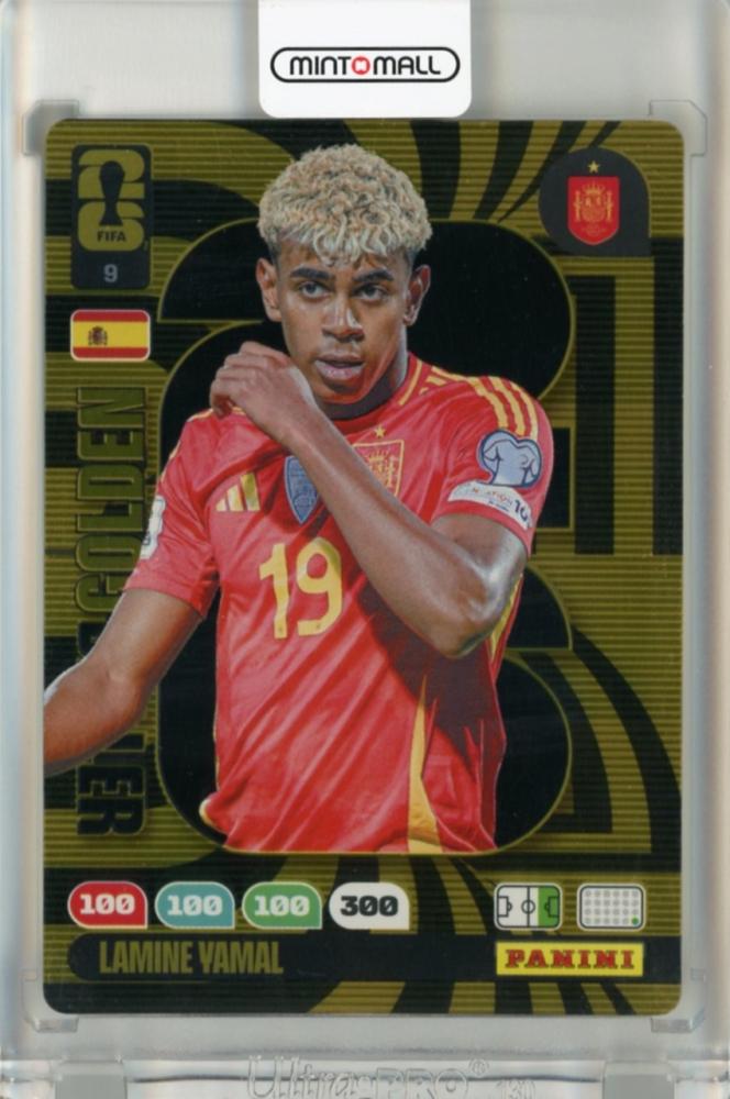 2026 Panini Adrenalyn XL FIFA World Cup trading card featuring Lamine Yamal Golden Baller