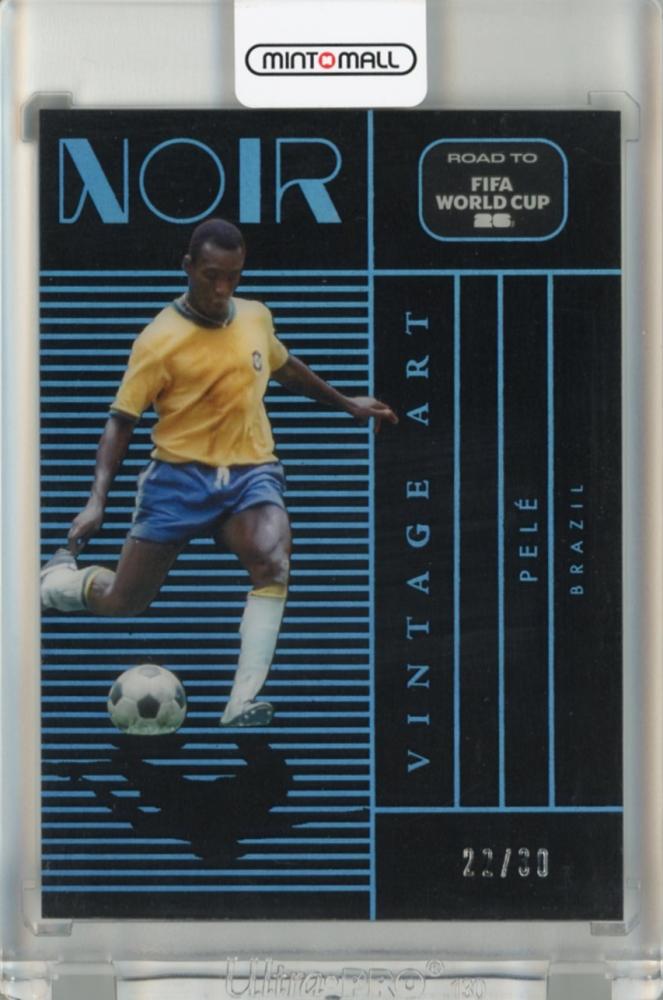 2025-26 Panini Noir Road to FIFA World Cup Pele Vintage Art trading card serial #1822/30 with visible initial damage