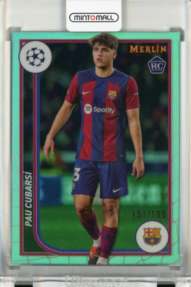 2023-24 Topps Merlin UEFA Club Competitions Pau Cubarsi Aqua Refractors RC card #103151/199 with visible early-stage damage