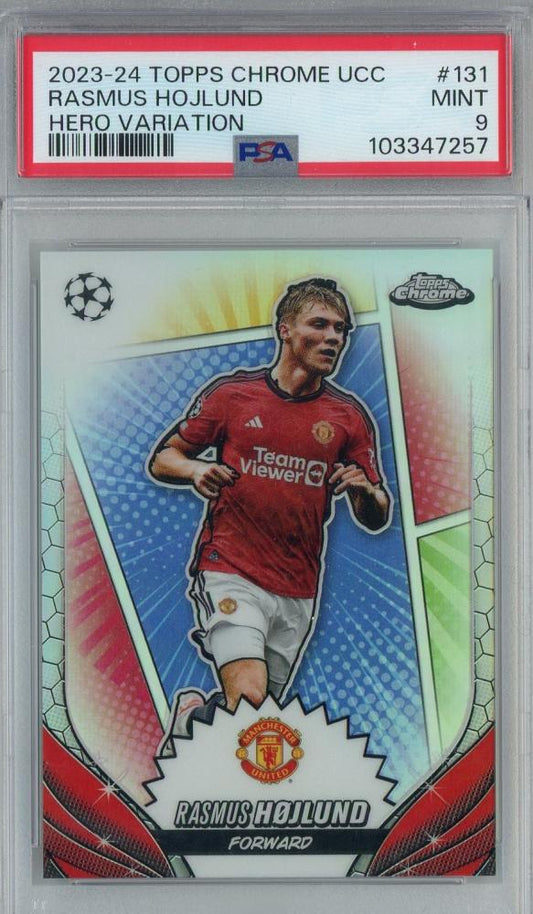 2023-24 Topps Chrome UEFA Club Competitions Rasmus Hojlund Hero Variations #131 PSA9 Manchester United trading card