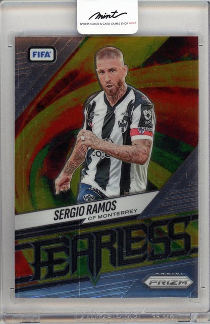 2025-26 PANINI PRIZM FIFA trading card featuring Sergio Ramos #12 from Monterrey football team