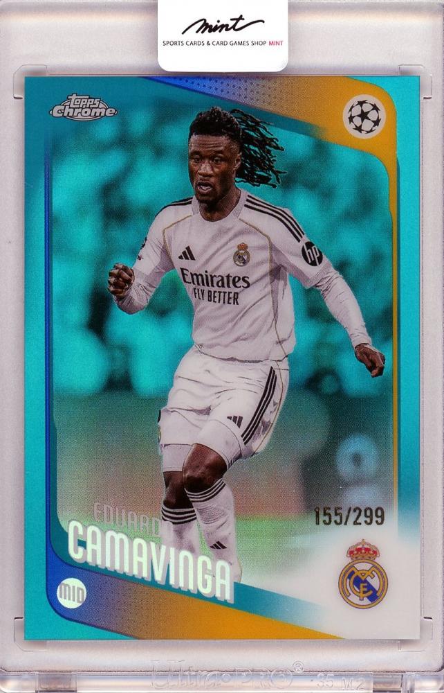 2026 TOPPS Chrome trading card of Eduardo Camavinga in Real Madrid jersey numbered 31155 out of 299
