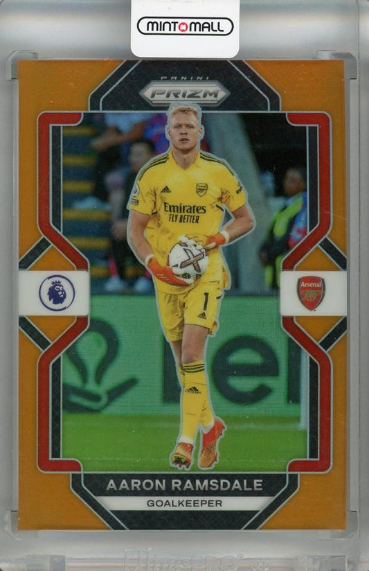 2022-23 Panini Prizm Premier League trading card of Aaron Ramsdale Orange parallel numbered 10 out of 15 Arsenal
