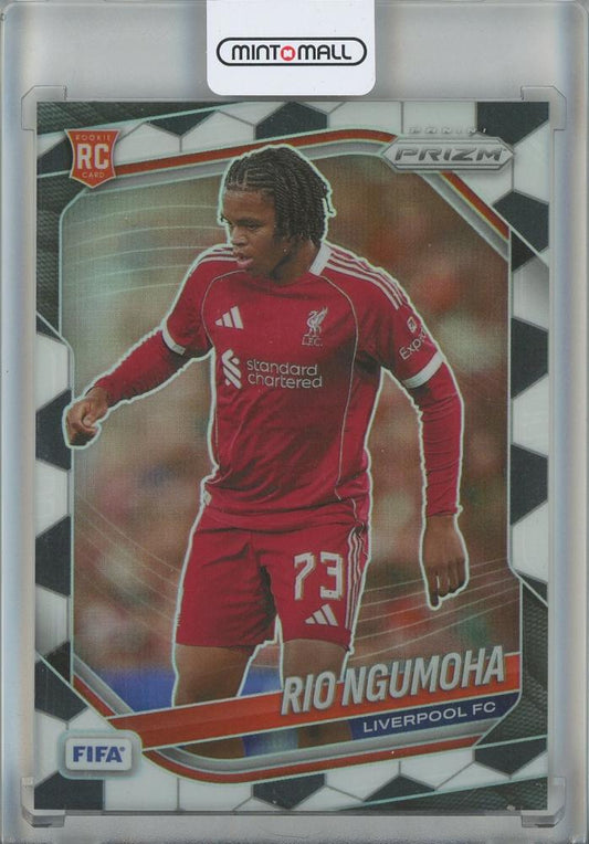 2025-26 Panini Prizm FIFA Rio Ngumoha RC Soccer Ball #106 featuring Liverpool FC with Prizms design