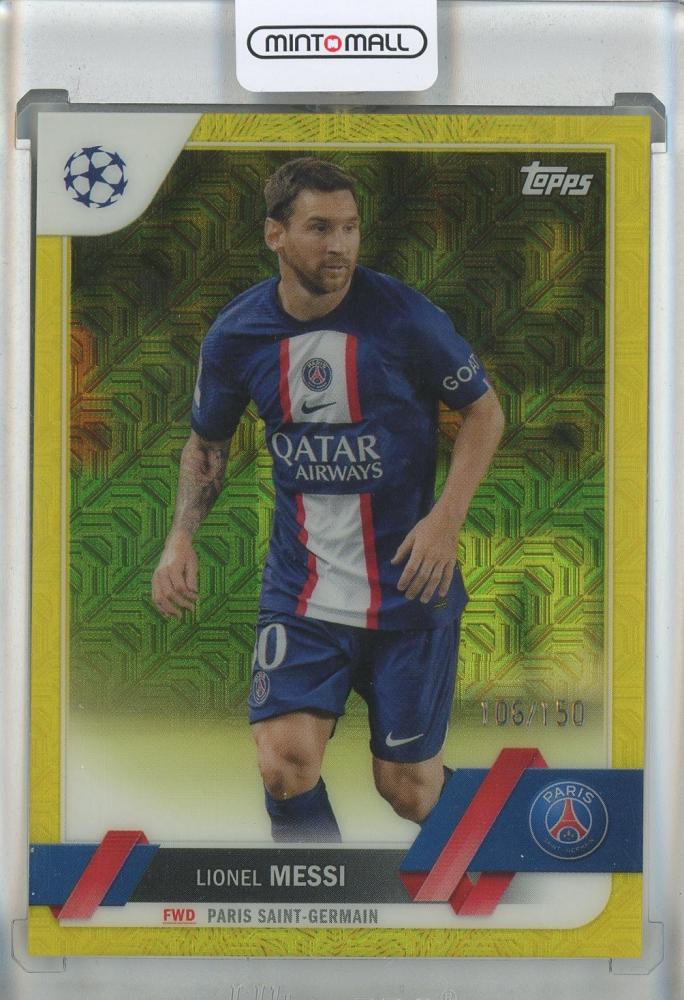 2022-23 Topps UEFA Club Competitions Japan Edition Lionel Messi Chrome Mojo Yellow Refractors #1106/150 card featuring FC Barcelona