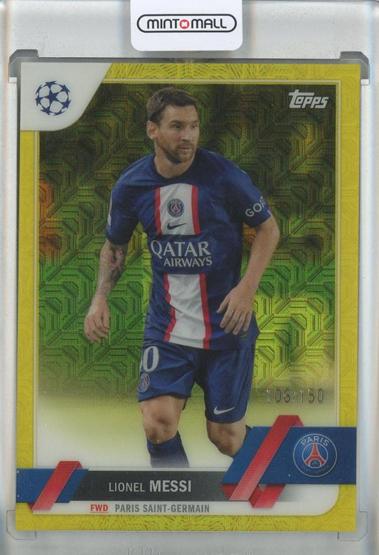 2022-23 Topps UEFA Club Competitions Japan Edition Lionel Messi Chrome Mojo Yellow Refractors #1106/150 card featuring FC Barcelona