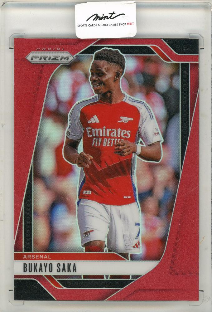 2024-25 Panini Prizm Premier League Soccer card featuring Bukayo Saka serial numbered 129 of 199