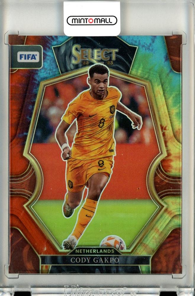 2022-23 Panini Select FIFA Cody Gakpo Netherlands Mezzanine Base Tie Dye Prizm trading card numbered 02 of 49