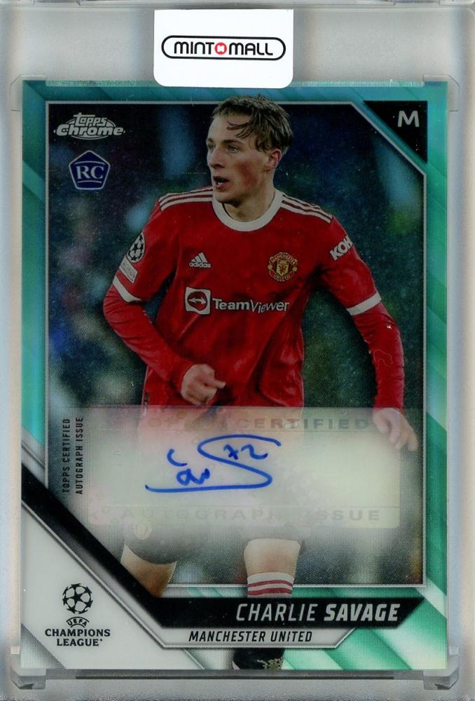 2021-22 Topps Chrome UEFA Champions League Charlie Savage RC Autographs Aqua Refractors card #CACH123/199 with damage