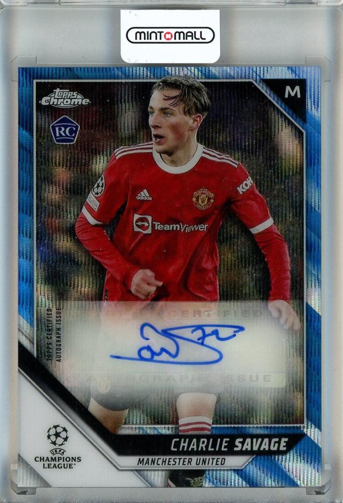 2021-22 Topps Chrome UEFA Champions League Charlie Savage rookie autographed Blue Wave Refractor card 3 of 75 damaged