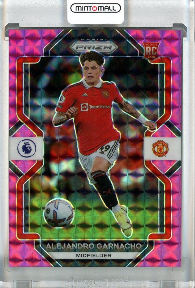 2022-23 Panini Prizm English Premier League Alejandro Garnacho Pink Mosaic #90 card showing visible damage