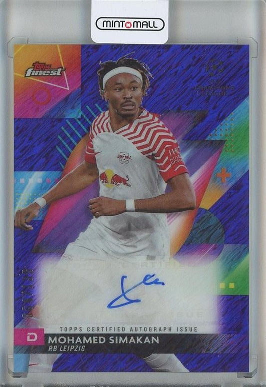 2023-24 Topps Finest UEFA trading card featuring Mohamed Simakan autograph numbered #A-MS64/199 from RB Leipzig