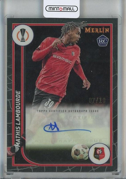 2023-24 Merlin UEFA Mathis Lambourde Autographs Black Refractors card serial 7 of 10 with damage Stade Rennais FC