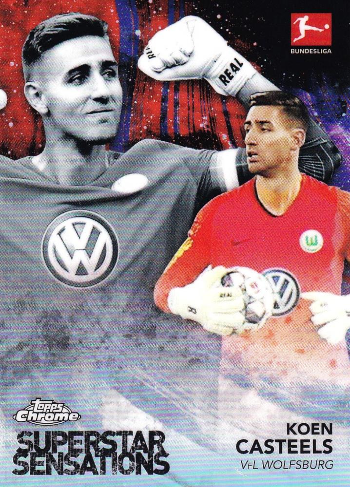 2018-19 Topps Chrome Bundesliga VfL Wolfsburg Parallel trading card of Koen Casteels numbered 08 out of 25