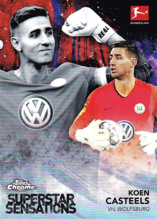 2018-19 Topps Chrome Bundesliga VfL Wolfsburg Parallel trading card of Koen Casteels numbered 08 out of 25