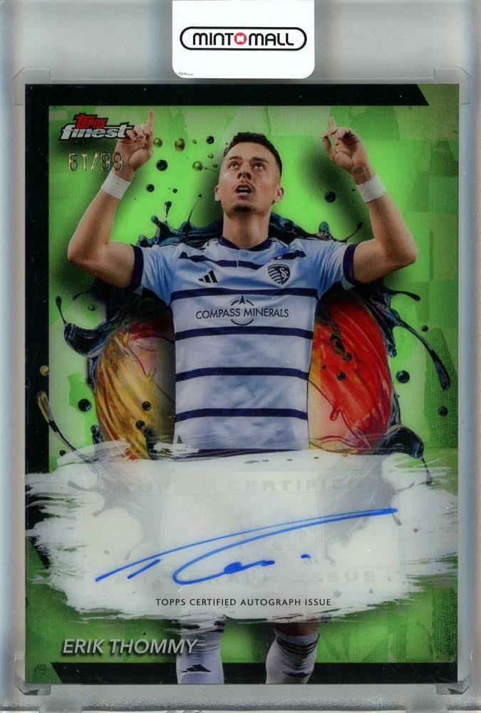 2024 Topps Finest MLS Erik Thommy Autographs Neon Green Refractors card #BAET61/99 Sporting Kansas City