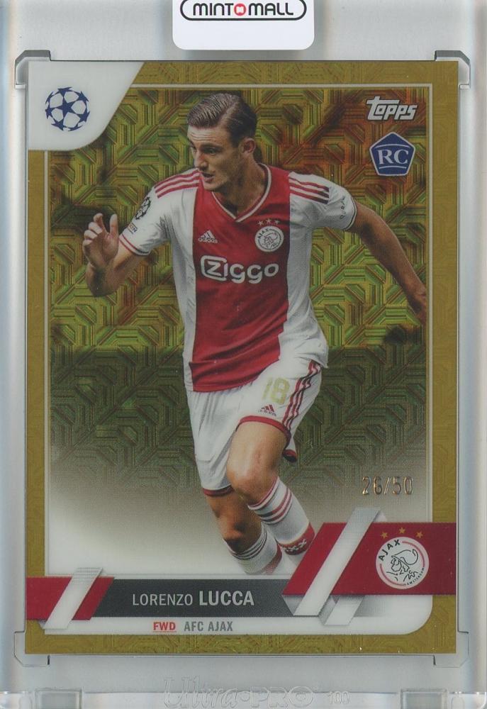 2022-23 Topps UEFA Club Competitions soccer card of Lorenzo Lucca for AFC Ajax with Gold Foil and serial number RC26/50