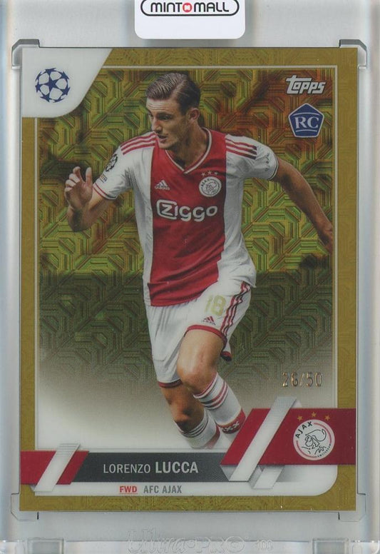 2022-23 Topps UEFA Club Competitions soccer card of Lorenzo Lucca for AFC Ajax with Gold Foil and serial number RC26/50