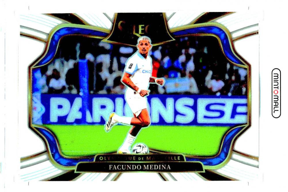 2025-26 PANINI Select Ligue 1 trading card featuring Facundo Medina in white jersey from Olympique De Marseille