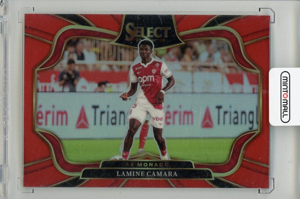 2025-26 PANINI Select Ligue 1 trading card featuring Lamine Camara in AS Monaco red kit, numbered 22032/55