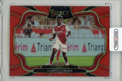 2025-26 PANINI Select Ligue 1 trading card featuring Lamine Camara in AS Monaco red kit, numbered 22032/55