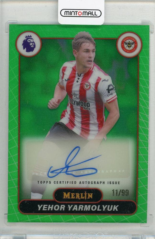 2025-26 TOPPS Merlin English Premier League Yehor Yarmolyuk Autographs Green Refractors card #MVYY11/99 Brentford