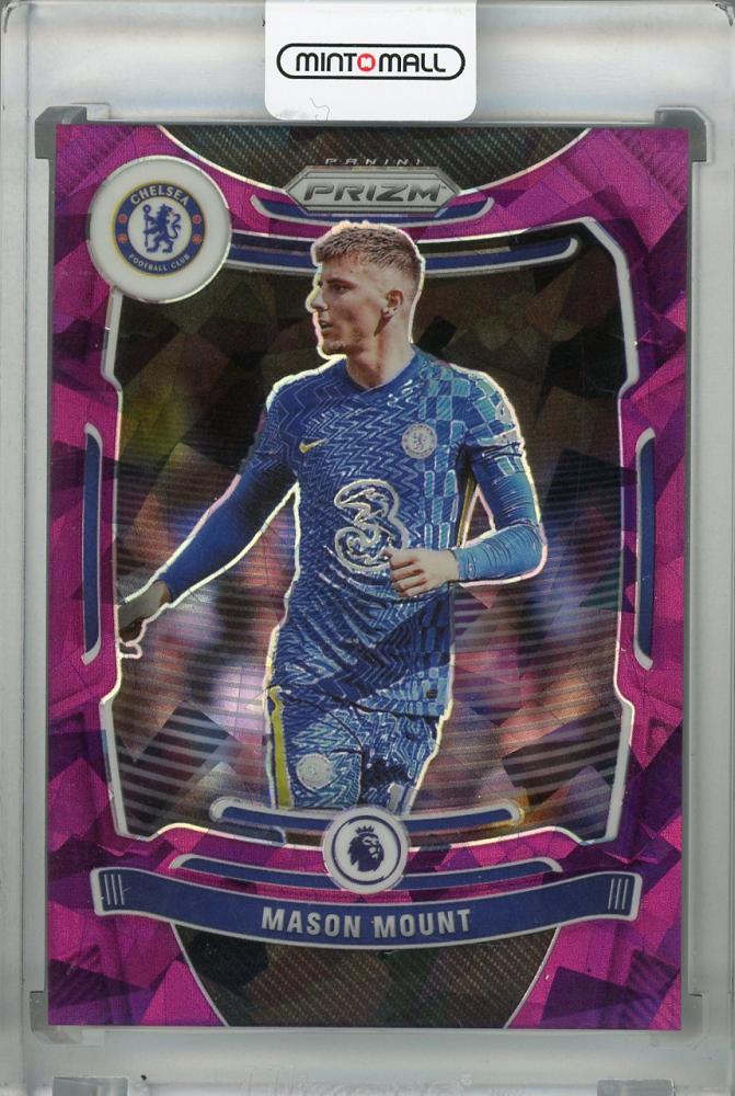 2021-22 Panini Prizm Premier League Mason Mount Chelsea FC Purple Ice parallel trading card numbered 46 out of 49