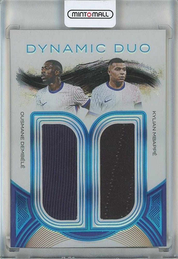 2024-25 Futera dual memorabilia featuring Ousmane Dembele and Kylian Mbappe from France, numbered DD054/9