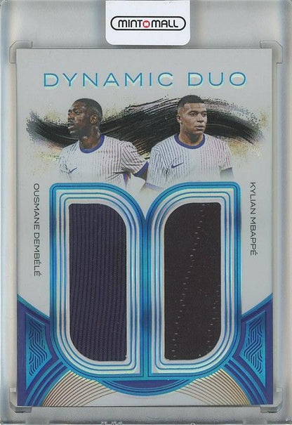 2024-25 Futera dual memorabilia featuring Ousmane Dembele and Kylian Mbappe from France, numbered DD054/9